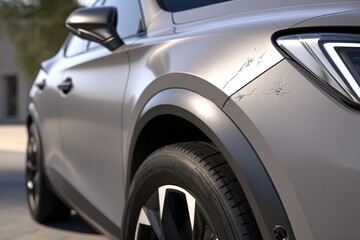 Close-up of a light gray SUV's fender, showing minor damage