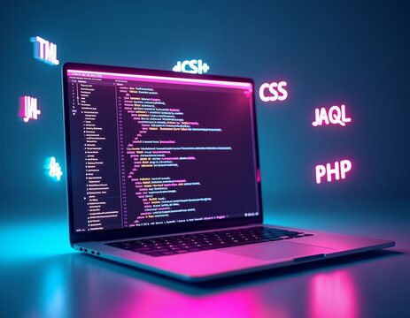 Glowing programming language logos surround a laptop displaying code technology digital
