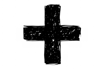 Black cross with a hand-drawn, textured effect isolated on a transparent background, ideal for religious or symbolic designs