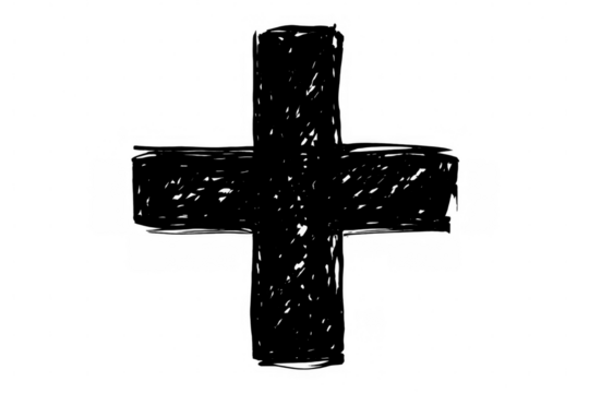 Black cross with a hand-drawn, textured effect isolated on a transparent background, ideal for religious or symbolic designs