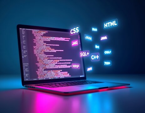 Laptop displaying code with floating programming language icons computer coding