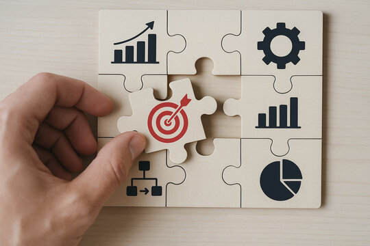 Business target alignment concept with puzzle pieces representing growth chart, gear, flowchart, and pie chart fitting together