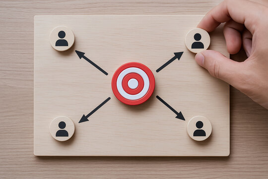 Business target alignment concept with wooden blocks and hand arranging user icons around central target symbol representing strategic planning