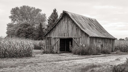 Obraz premium Serene Monochrome View of a Weathered Wooden Barn with Corrugated Roof in a Lush Cornfield