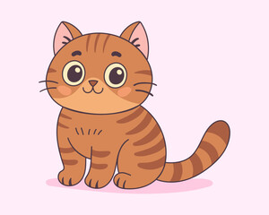 Orange cat character with stripes, big eyes, and a cheerful smile, sitting on a soft pink background. 
