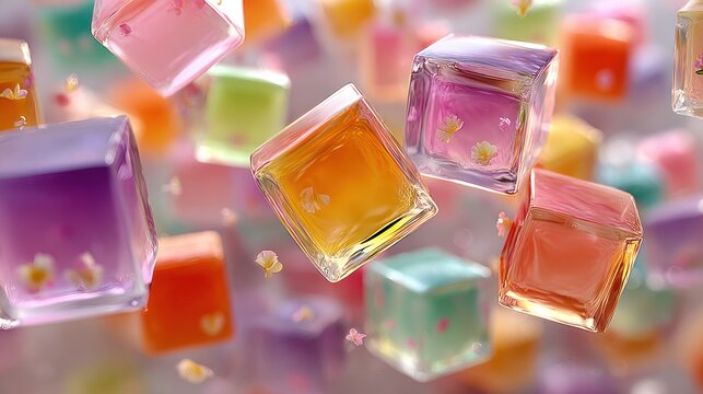 An enchanting background composed of pastel-colored geometric shapes gently floating in the air, bathed in soft light that crafts an ethereal and dreamy atmosphere