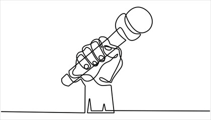 
Continuous one line drawing of hand holding news microphone. Journalist, reporter concept, Continuous line art drawing of hand holding microphone. This minimalist illustration represents a TV news.