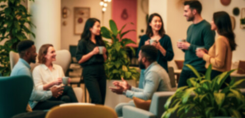 Group of diverse people talking in a modern office lounge area, sharing ideas and building team connections in a casual yet professional business environment.
