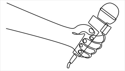 
Continuous one line drawing of hand holding news microphone. Journalist, reporter concept, Continuous line art drawing of hand holding microphone. This minimalist illustration represents a TV news.