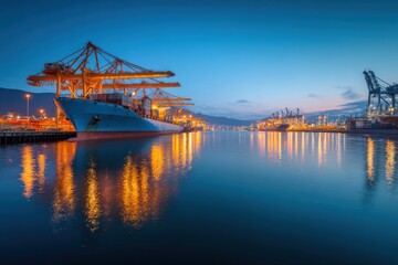 Fototapeta premium Serene Twilight Over an Industrial Harbor with Glowing Cranes and Reflections