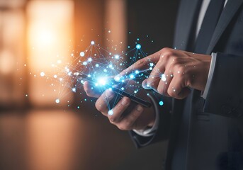 Businessman interacting with futuristic glowing digital technology on smartphone