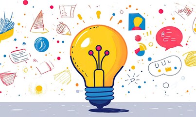 A bright yellow lightbulb, radiating ideas; surrounded by colorful sketches of charts, graphs, speech bubbles, and text, suggesting brainstorming, innovation, and problem-solving