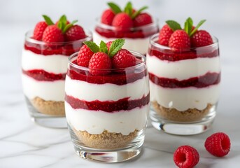 Delicious raspberry cheesecake parfaits with fresh berries and mint garnish