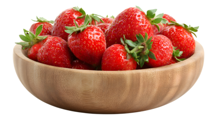 Fresh red strawberries in a wooden bowl, healthy eating concept on transparent background