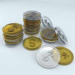 Financial Stacks A collection of gold and silver coins, meticulously arranged, symbolizing wealth and prosperity.