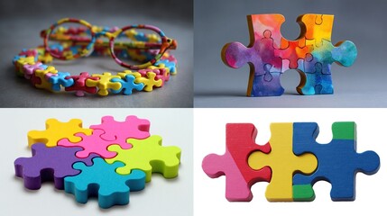 Puzzle-piece objects glasses, joined pieces in vibrant colors