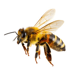 a stunning bee is flying isolated on white and transparent background
