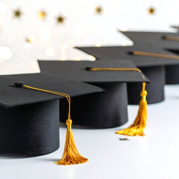 Graduation caps in a row, gold tassels, bokeh background