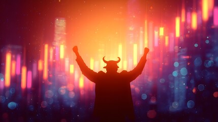 Bull silhouette celebrating a rising stock market with glowing orange and purple candlestick charts in the background, representing bullish trend, financial success, and market optimism.

