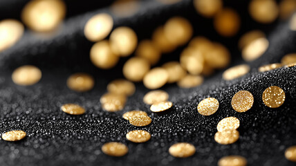 Wide angle full shot of shimmering gold confetti falling gracefully against a black background, illuminated by warm spotlights for a cinematic festive celebration effect
