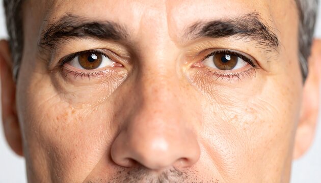 Close-up of a man's eyes and nose, showing details of skin texture and slight wrinkles