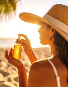 Woman applying facial oil at beach