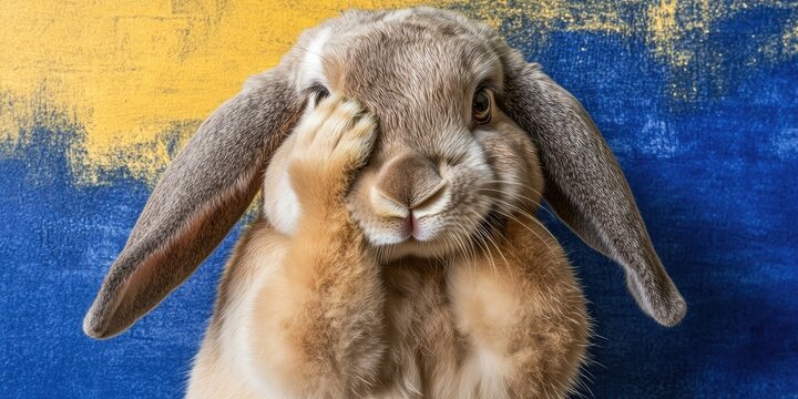 A light brown lop-eared rabbit playfully covers one eye with its paw against a yellow and blue textured background