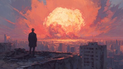 A figure in a coat observes from a rooftop as a brilliant explosion lights up the skyline, casting deep hues of orange and pink across the sky at sunset.