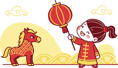 Joyful child celebrating with festive lantern and horse symbol, embodying cultural tradition and happiness.