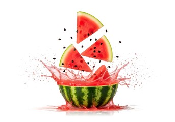 Refreshing watermelon slices exploding with juice in a splash