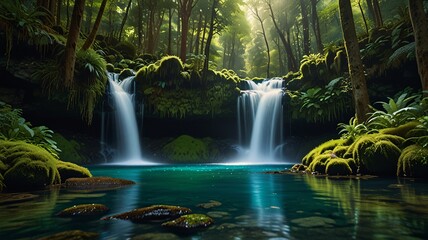 Fototapeta premium Lush Forest Waterfall and Turquoise Pool in Sunlit Serenity V6