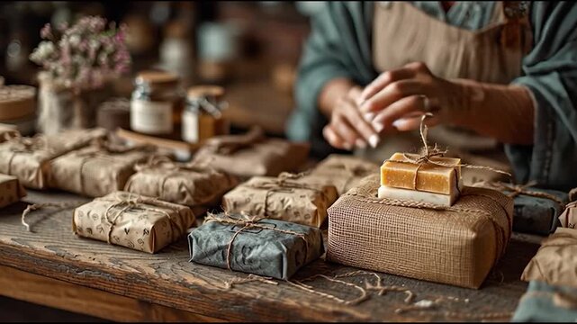 Craftsperson wrapping handmade soaps with natural materials