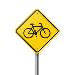Yellow diamond bicycle crossing warning sign isolated on transparent background