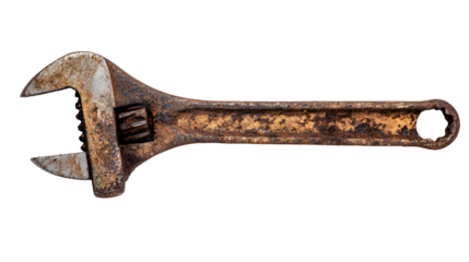Rusty adjustable wrench, aged metal tool for repair and construction on transparent background