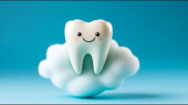 A cartoon tooth character sitting on a fluffy cloud.