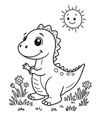 Fototapeta premium Cute dinosaur illustration for children with sunny background and flowers in black and white, perfect for coloring activities and creative projects.