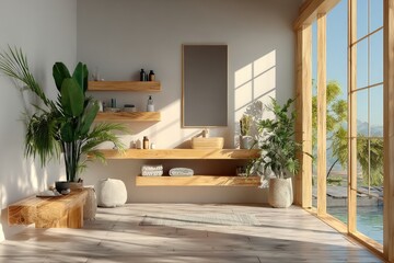 Modern, light-filled bathroom with natural wood accents