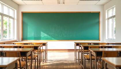 Sunlit empty classroom green chalkboard with wooden desks, large windows, and clean floor, ready for a new school day and learning activities.