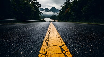 The Road Ahead: A solitary yellow line guides the eye along a rain-slicked asphalt road, disappearing into a dramatic landscape of mist-shrouded mountains and a winding river.