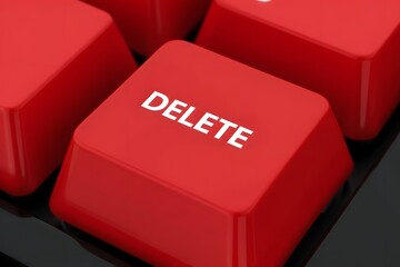 Red delete key close up on keyboard for computer pc mac data removal and deletion