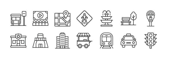 Vector line art city elements icons set including transportation buildings and street furniture © PURE VECTOR WORK