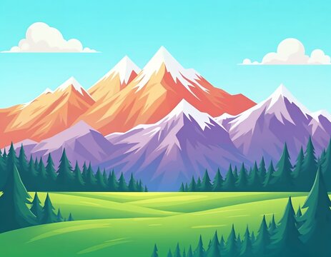Colorful geometric mountain landscape with snowy peaks and green fields mountains vibrant