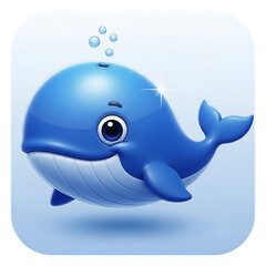 Cute cartoon blue whale swimming with bubbles isolated on transparent background