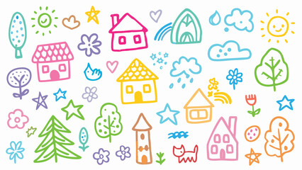 Doodle style drawing featuring houses trees flowers stars clouds and other whimsical elements in bright colors