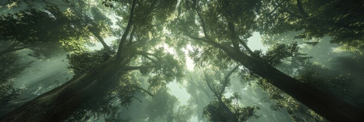 Misty sunlight filters through dense, towering trees in a lush forest, creating a mystical, ethereal atmosphere