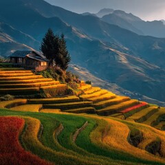 Colorful terraced rice paddies, mountain backdrop, rustic hut