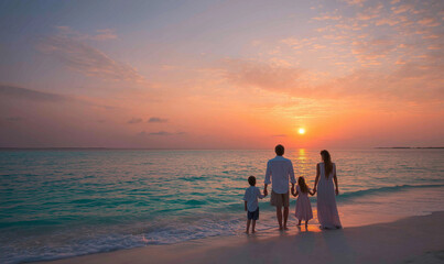 Fototapeta premium A family of four stands on the beach, holding hands and watching the sunset