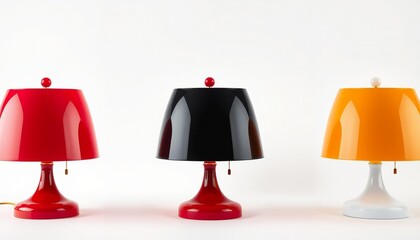 Three colorful modern table lamps in a row lighting