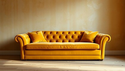Yellow tufted sofa with pillows on wooden floor yellow sofa