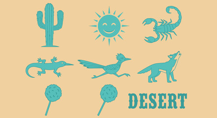 Vector illustration of desert icons set with cactus, sun, scorpion, lizard, coyote and more